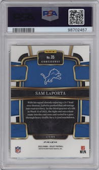 Sam LaPorta from the 2023 Panini Select set featuring a Gold Prizm parallel graded by PSA and given an overall grade of 10.