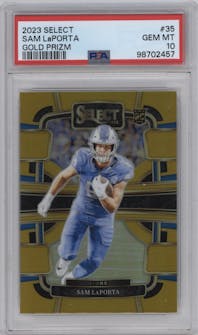 Sam LaPorta from the 2023 Panini Select set featuring a Gold Prizm parallel graded by PSA and given an overall grade of 10.