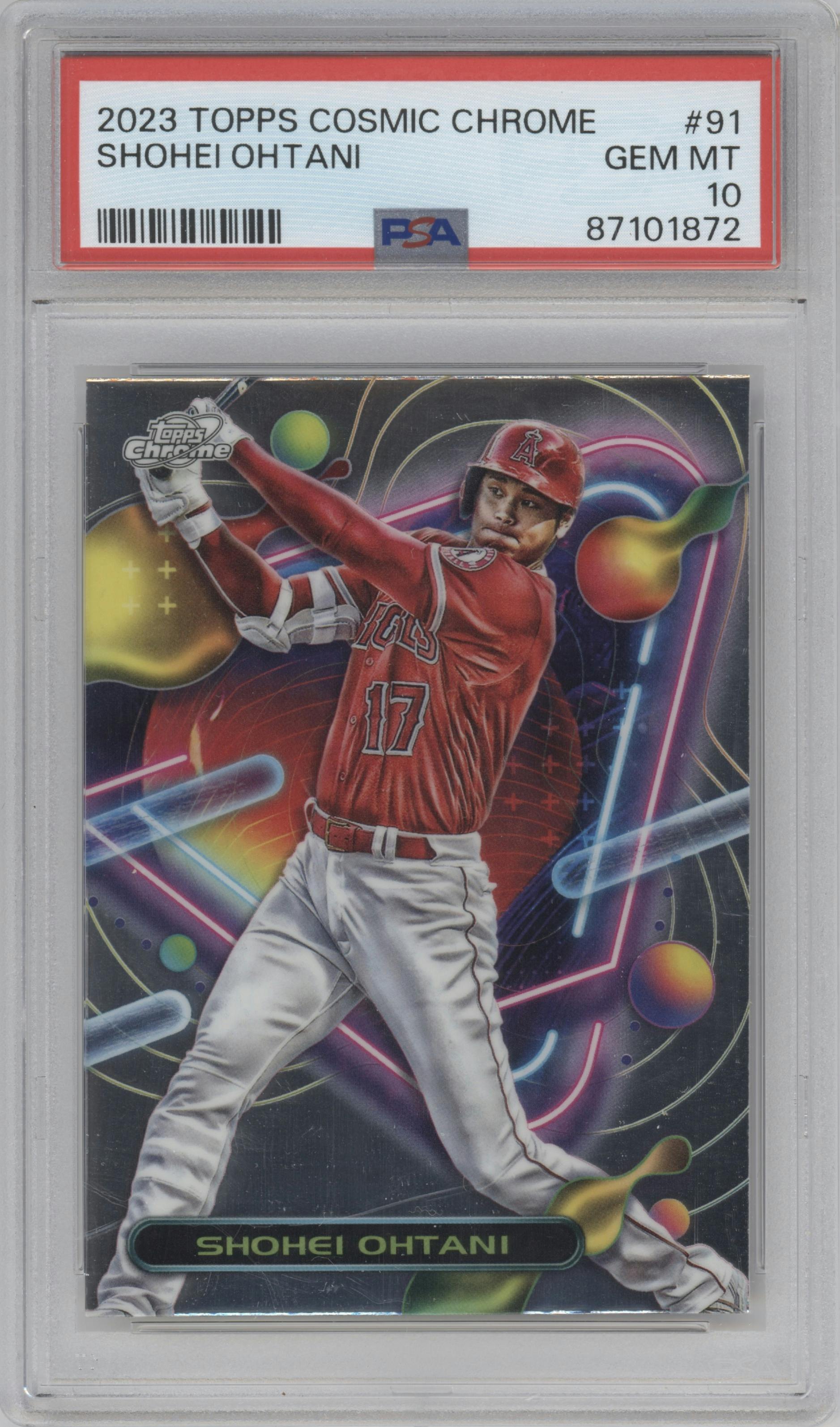 Shohei Ohtani from the 2023 Topps Cosmic Chrome set graded by PSA and given an overall grade of 10.