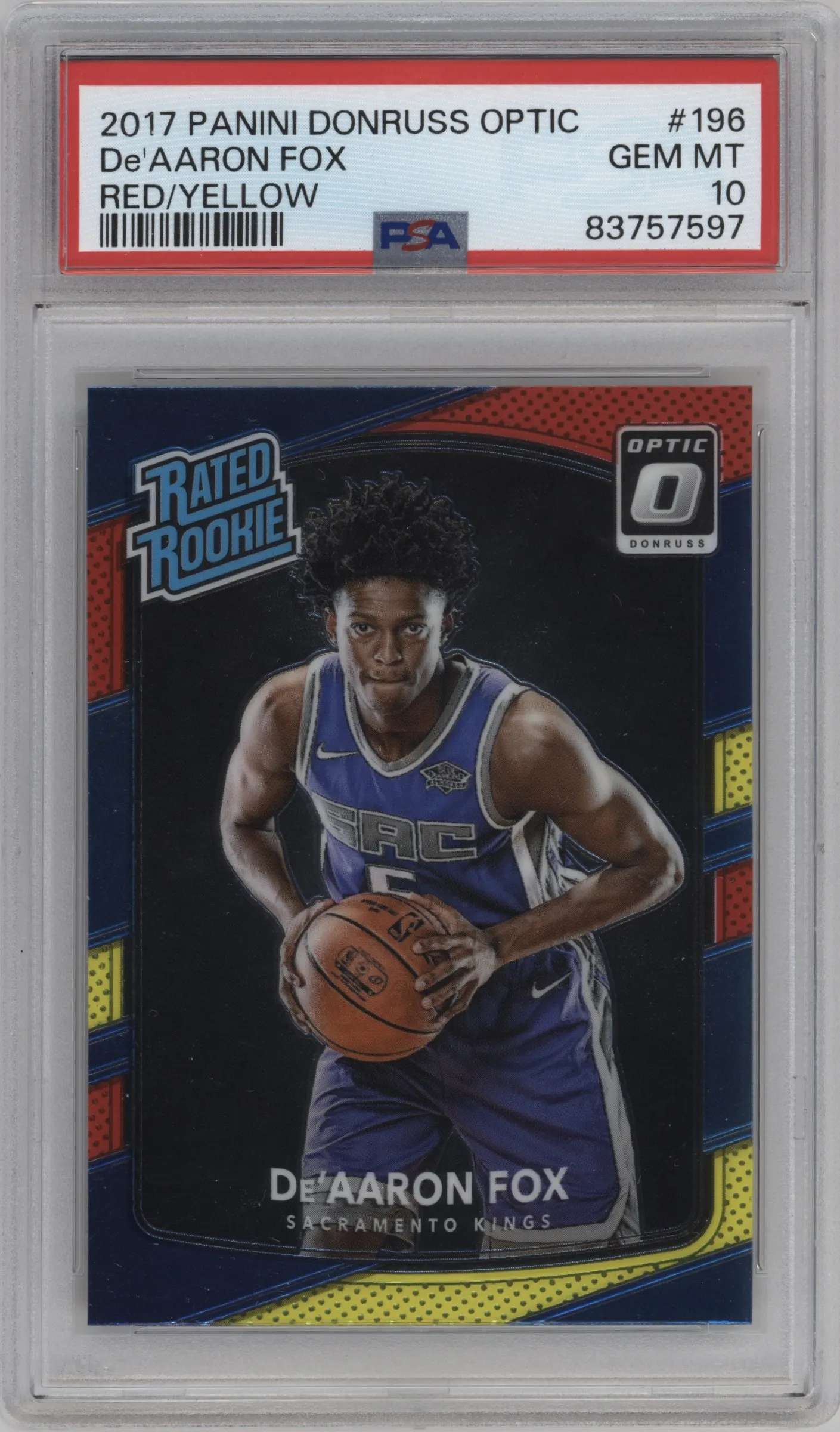 2017 Panini Donruss Optic Rated Rookie De'Aaron Fox Red/Yellow #196 PSA 10