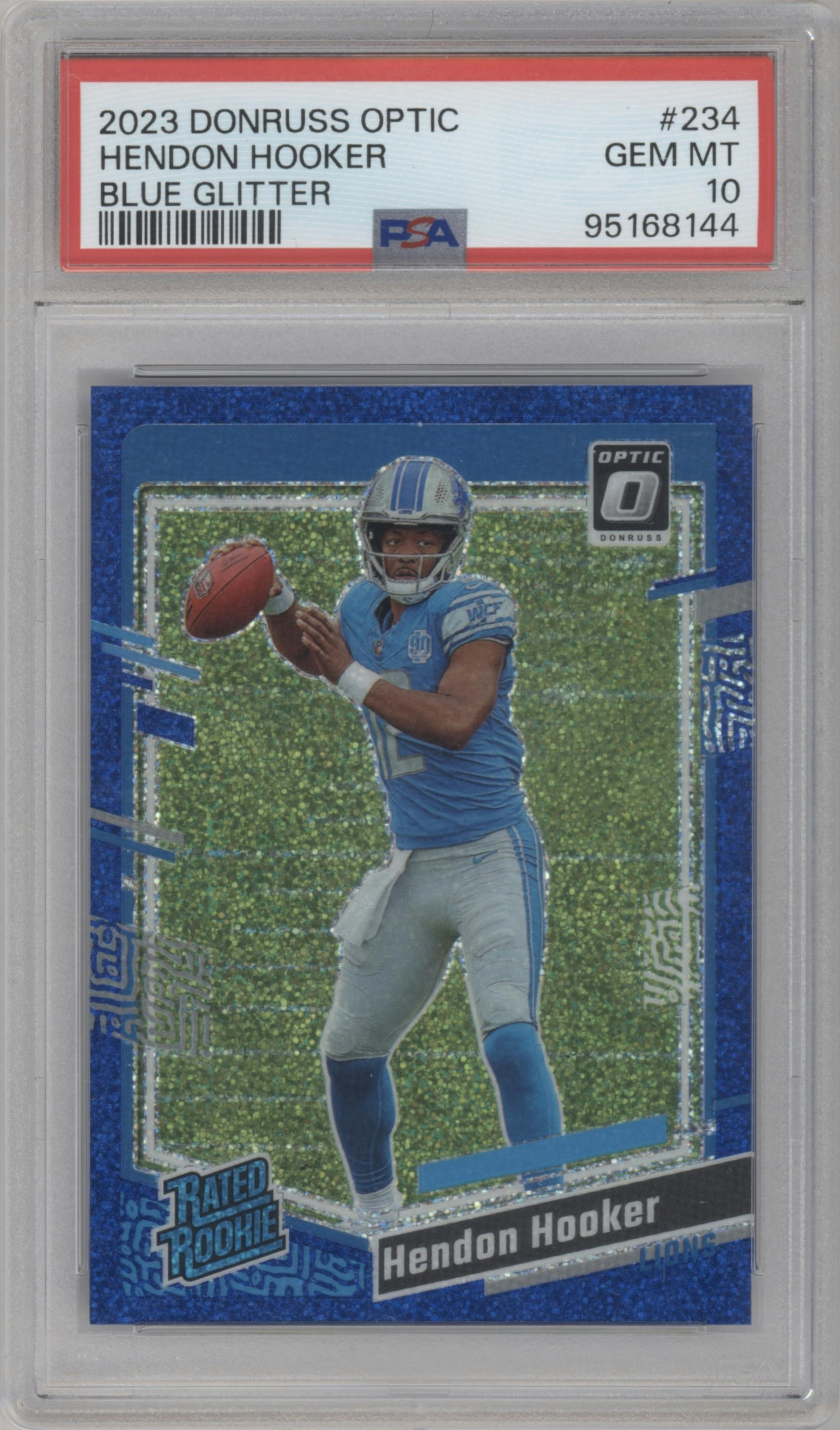 Hendon Hooker from the 2023 Donruss Optic set featuring a Blue Glitter parallel graded by PSA and given an overall grade of 10.