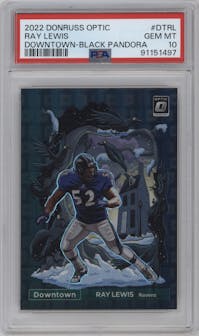 Ray Lewis from the 2022 Panini Donruss Optic set featuring a Black Pandora parallel graded by PSA and given an overall grade of 10.