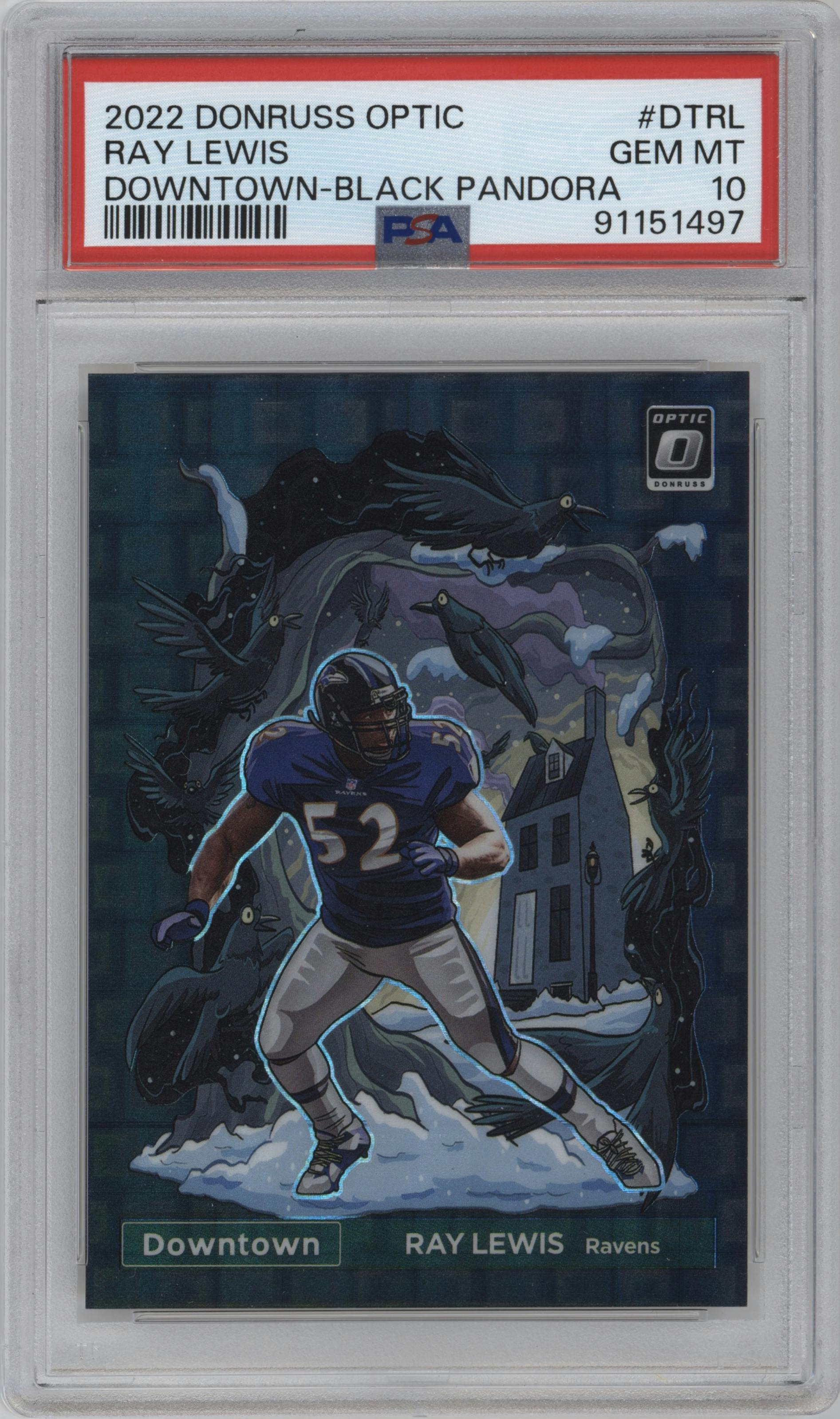 Ray Lewis from the 2022 Panini Donruss Optic set featuring a Black Pandora parallel graded by PSA and given an overall grade of 10.