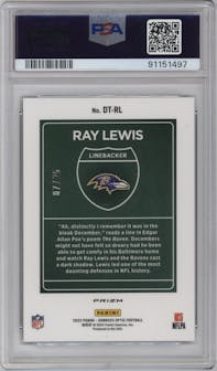 Ray Lewis from the 2022 Panini Donruss Optic set featuring a Black Pandora parallel graded by PSA and given an overall grade of 10.