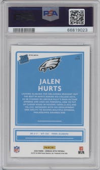 Jalen Hurts from the 2020 Panini Donruss Optic set featuring a Hyper Blue  parallel graded by PSA and given an overall grade of 9.