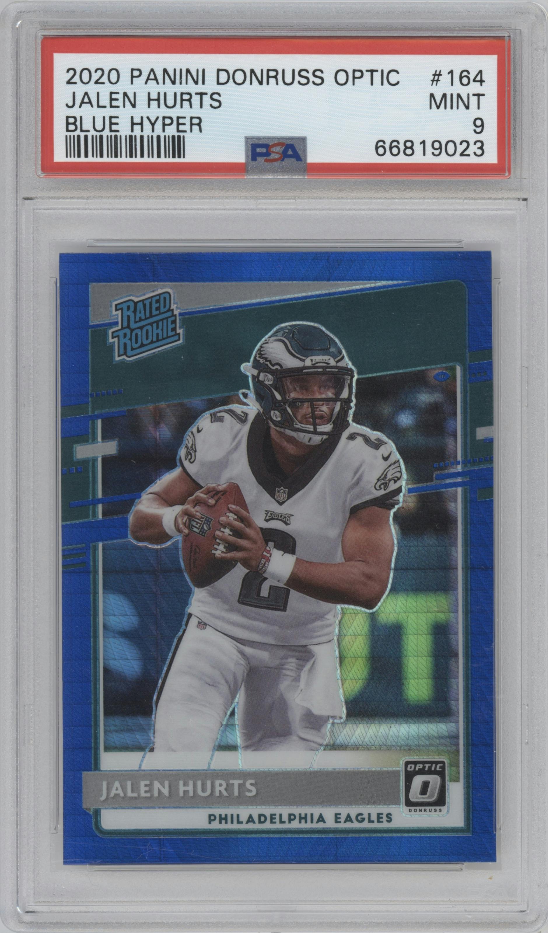 Jalen Hurts from the 2020 Panini Donruss Optic set featuring a Hyper Blue  parallel graded by PSA and given an overall grade of 9.