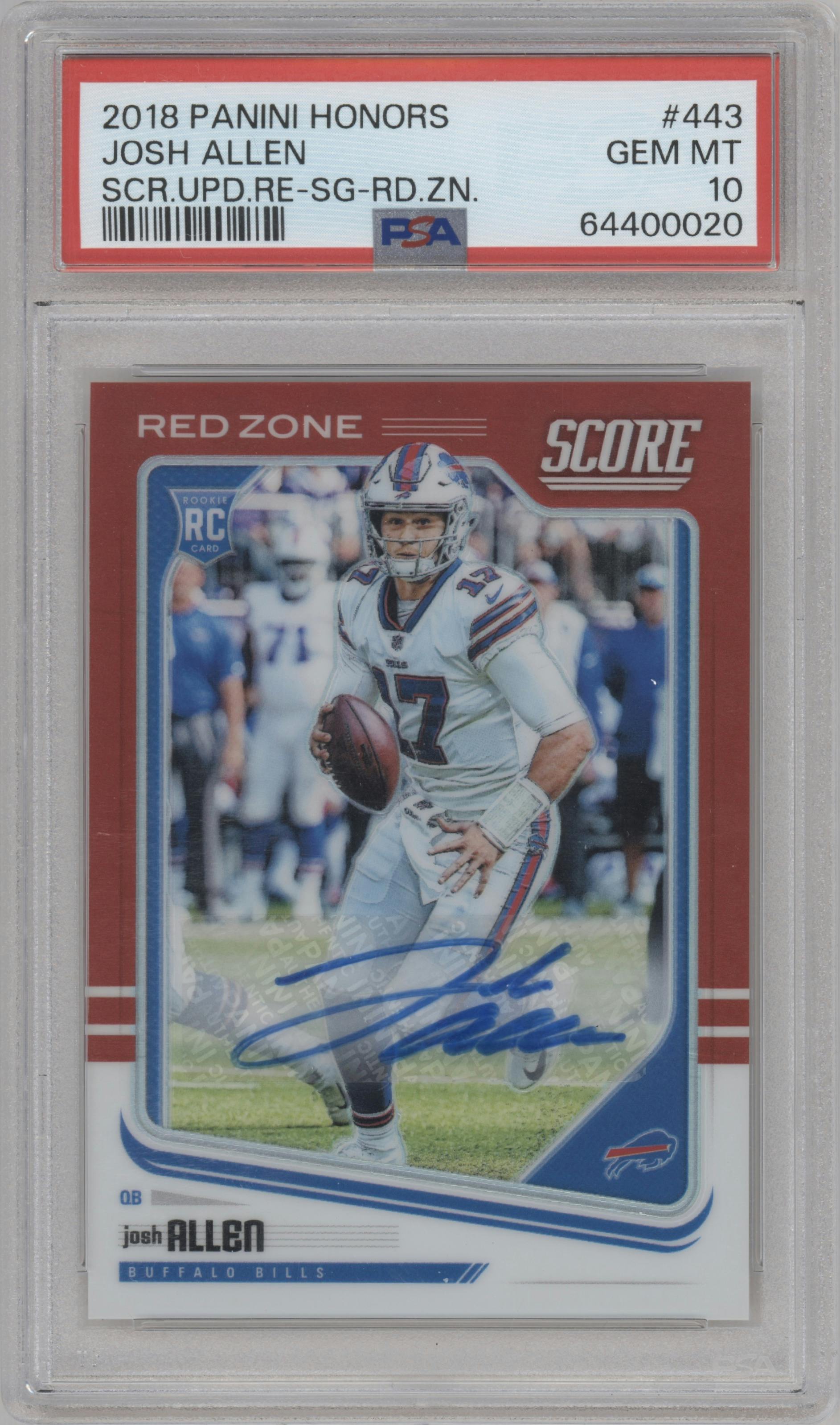 Josh Allen from the 2018 Panini Honors set featuring a Red Zone parallel graded by PSA and given an overall grade of 10.