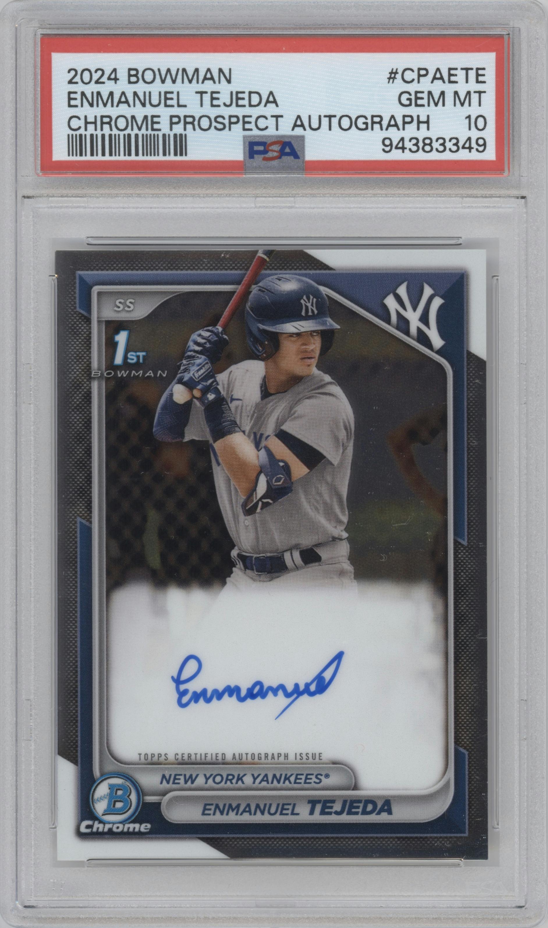 Enmanuel Tejeda from the 2024 Bowman set graded by PSA and given an overall grade of 10.