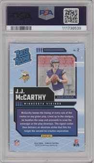 J.J. McCarthy from the 2024 Donruss set graded by PSA and given an overall grade of 10.