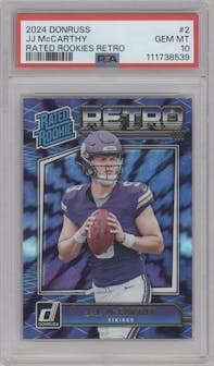 J.J. McCarthy from the 2024 Donruss set graded by PSA and given an overall grade of 10.