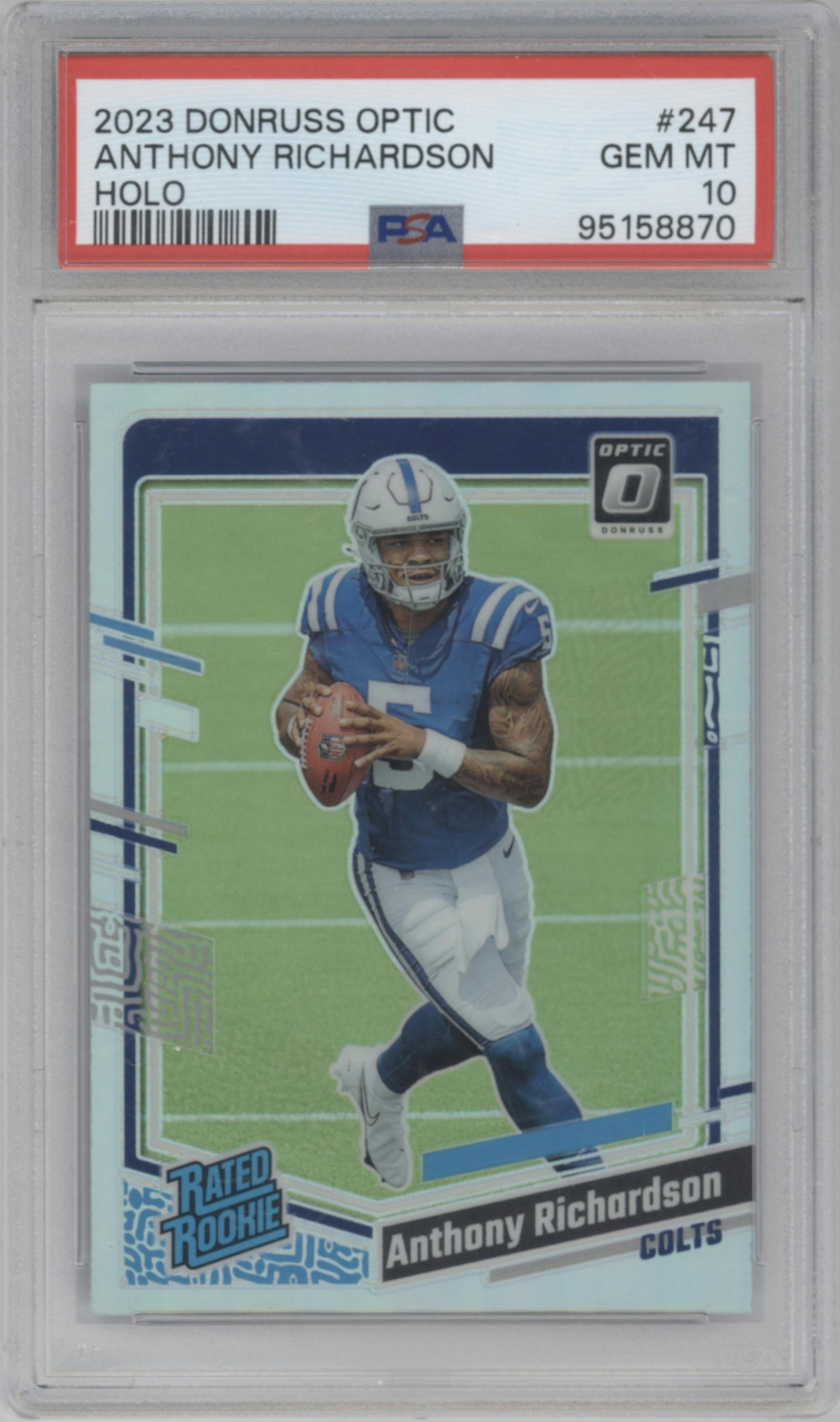 Anthony Richardson from the 2023 Donruss Optic set featuring a Holo parallel graded by PSA and given an overall grade of 10.