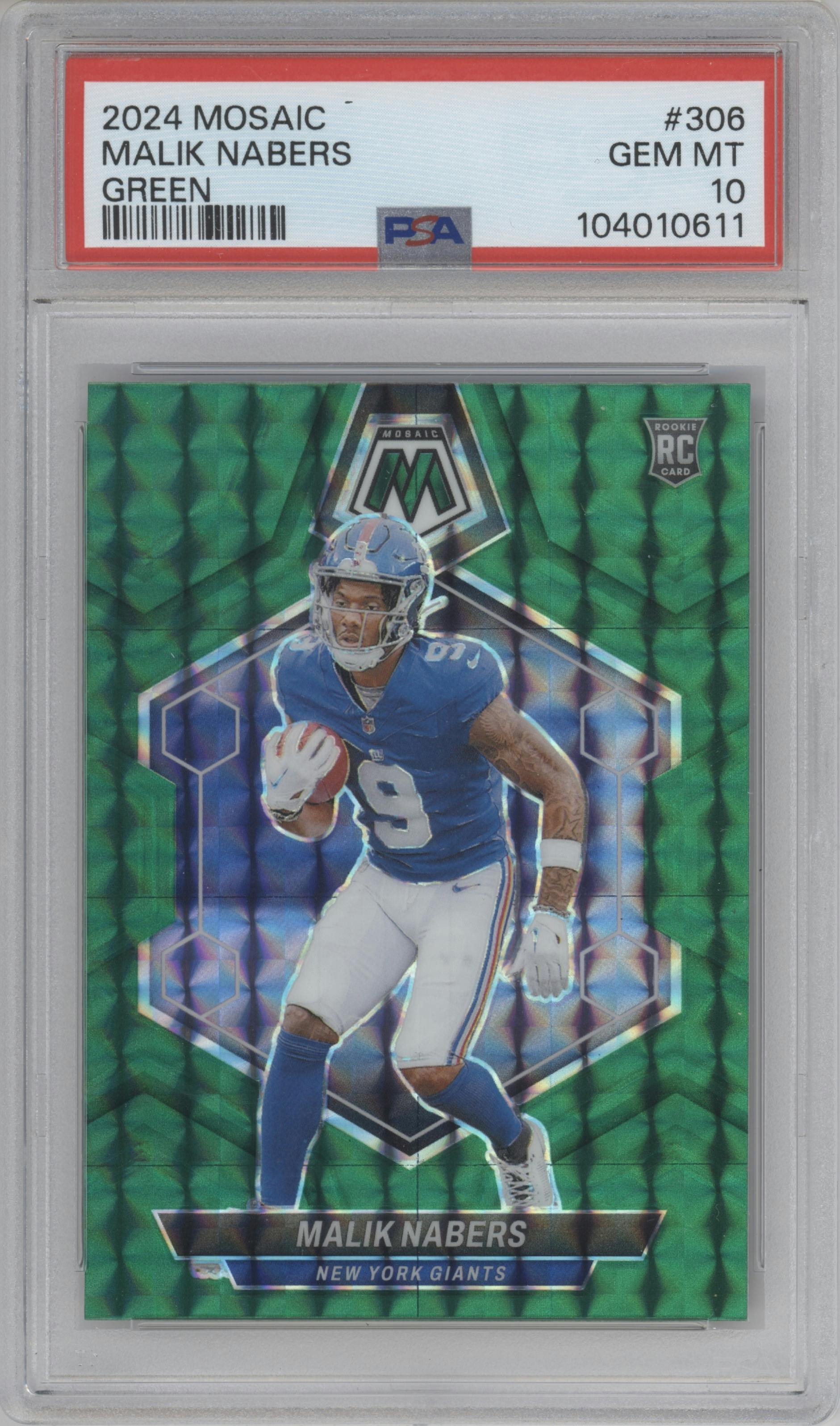 Malik Nabers from the 2024 Panini Mosaic set featuring a Green Mosaic parallel graded by PSA and given an overall grade of 10.