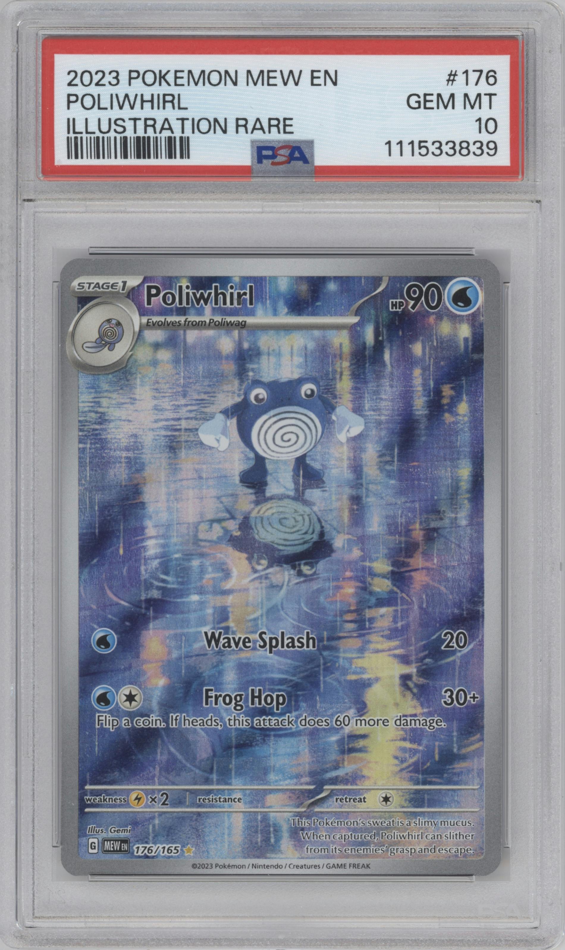Poliwhirl from the 2023 Pokemon SV set graded by PSA and given an overall grade of 10.