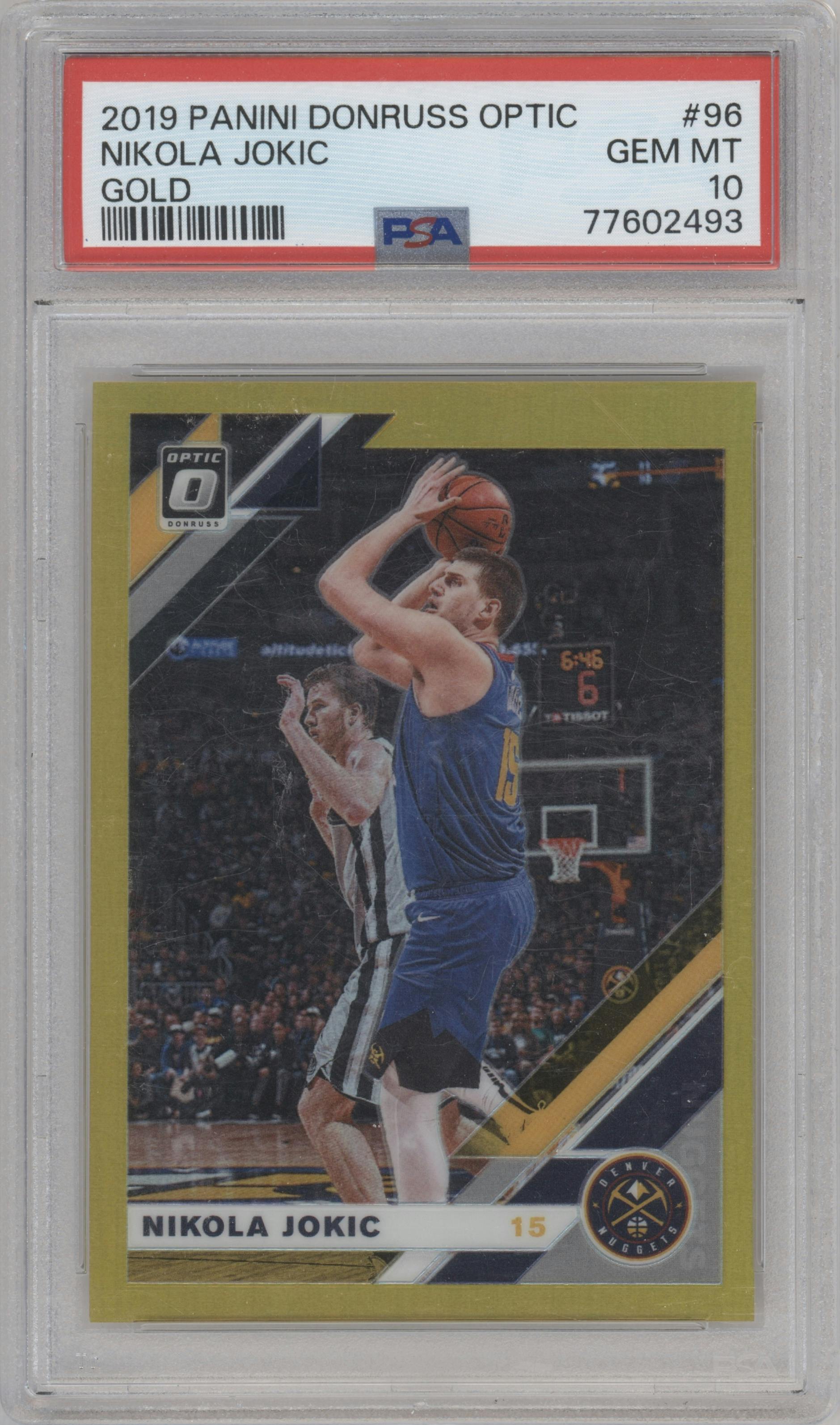 Nikola Jokic from the 2019-20 Panini Donruss Optic set featuring a Gold parallel graded by PSA and given an overall grade of 10.