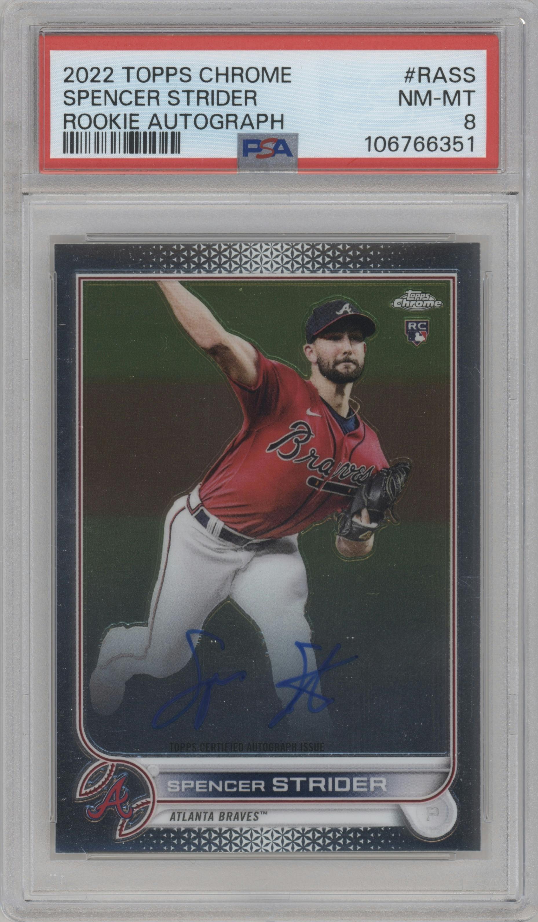 Spencer Strider from the 2022 Topps Chrome set graded by PSA and given an overall grade of 8.