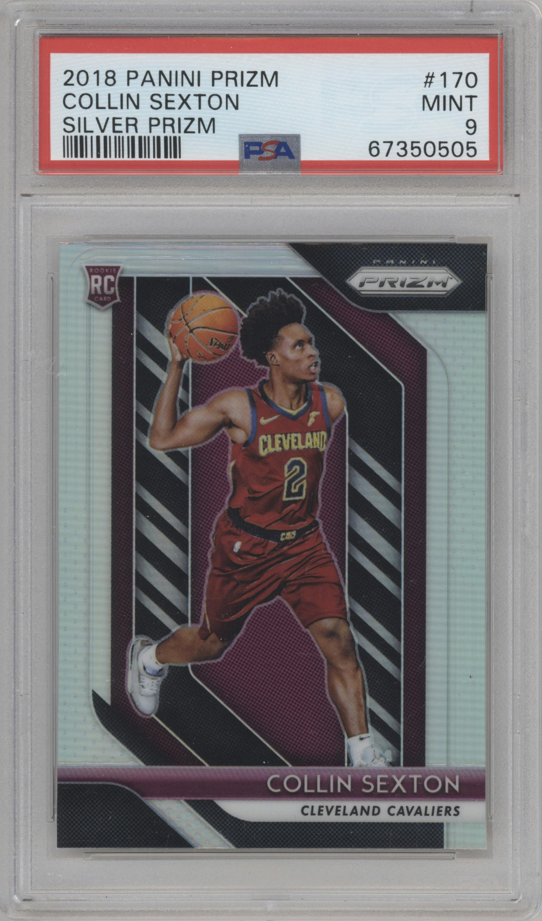 Collin Sexton from the 2018-19 Panini Prizm set featuring a Silver Prizm parallel graded by PSA and given an overall grade of 9.