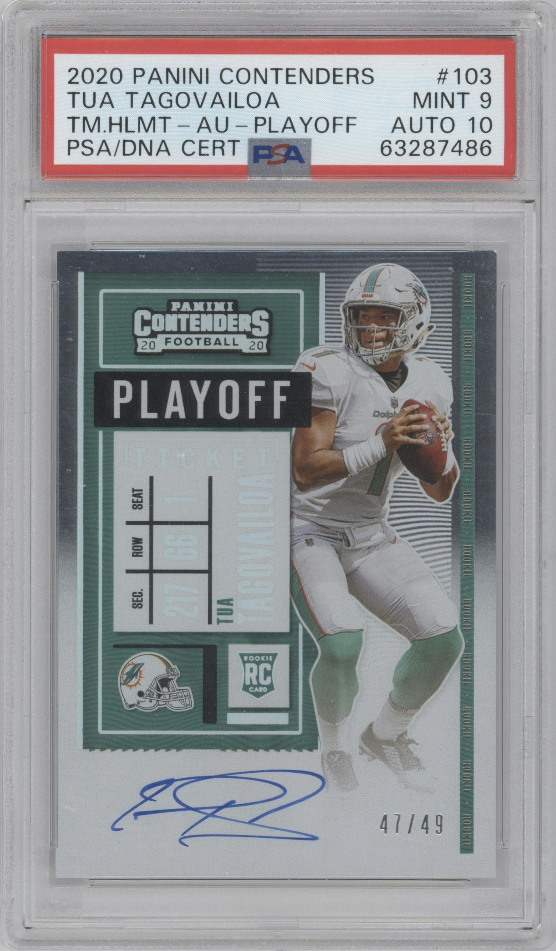 Tua Tagovailoa from the 2020 Panini Contenders set featuring a Playoff Ticket parallel graded by PSA and given an overall grade of 9.