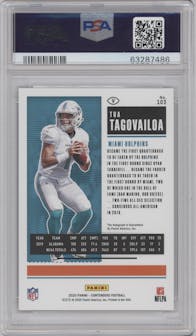 Tua Tagovailoa from the 2020 Panini Contenders set featuring a Playoff Ticket parallel graded by PSA and given an overall grade of 9.