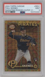 Paul Skenes from the 2024 Topps Chrome Update set featuring a SuperFractors parallel graded by PSA and given an overall grade of 9.