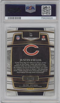 Justin Fields from the 2021 Panini Select set featuring a Dragon Scale parallel graded by PSA and given an overall grade of 9.