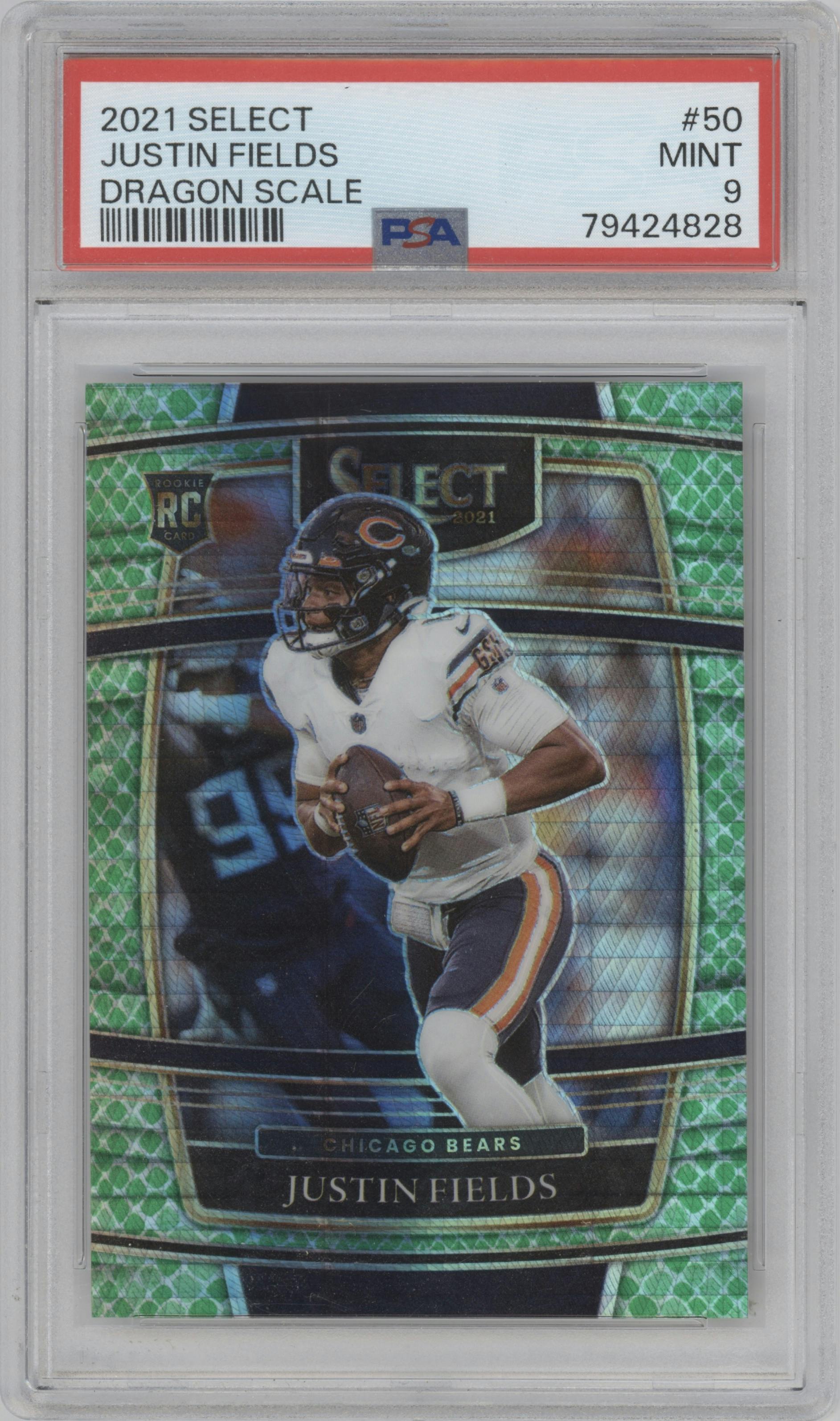 Justin Fields from the 2021 Panini Select set featuring a Dragon Scale parallel graded by PSA and given an overall grade of 9.