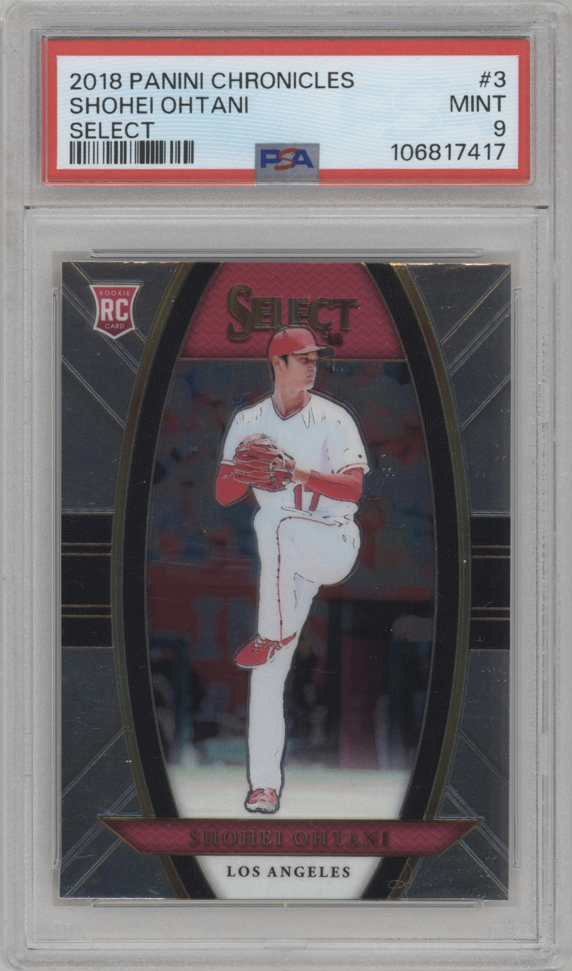 Shohei Ohtani from the 2018 Panini Chronicles set graded by PSA and given an overall grade of 9.