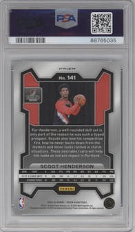 Scoot Henderson from the 2023-24 Panini Prizm set featuring a Green Prizm parallel graded by PSA and given an overall grade of 10.