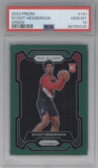 Scoot Henderson from the 2023-24 Panini Prizm set featuring a Green Prizm parallel graded by PSA and given an overall grade of 10.
