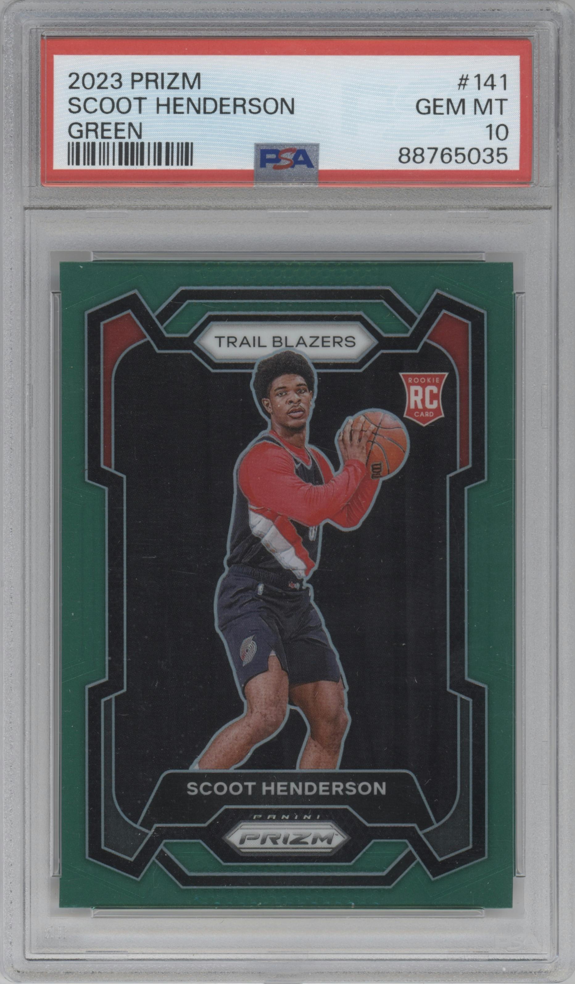Scoot Henderson from the 2023-24 Panini Prizm set featuring a Green Prizm parallel graded by PSA and given an overall grade of 10.