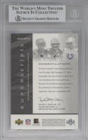 Tom Brady/Brett Favre/Peyton Manning from the 2004 SPx set graded by Beckett and given an overall grade of 8.5.