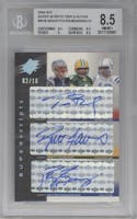 Tom Brady/Brett Favre/Peyton Manning from the 2004 SPx set graded by Beckett and given an overall grade of 8.5.