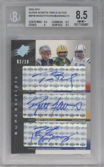 Tom Brady/Brett Favre/Peyton Manning from the 2004 SPx set graded by Beckett and given an overall grade of 8.5.