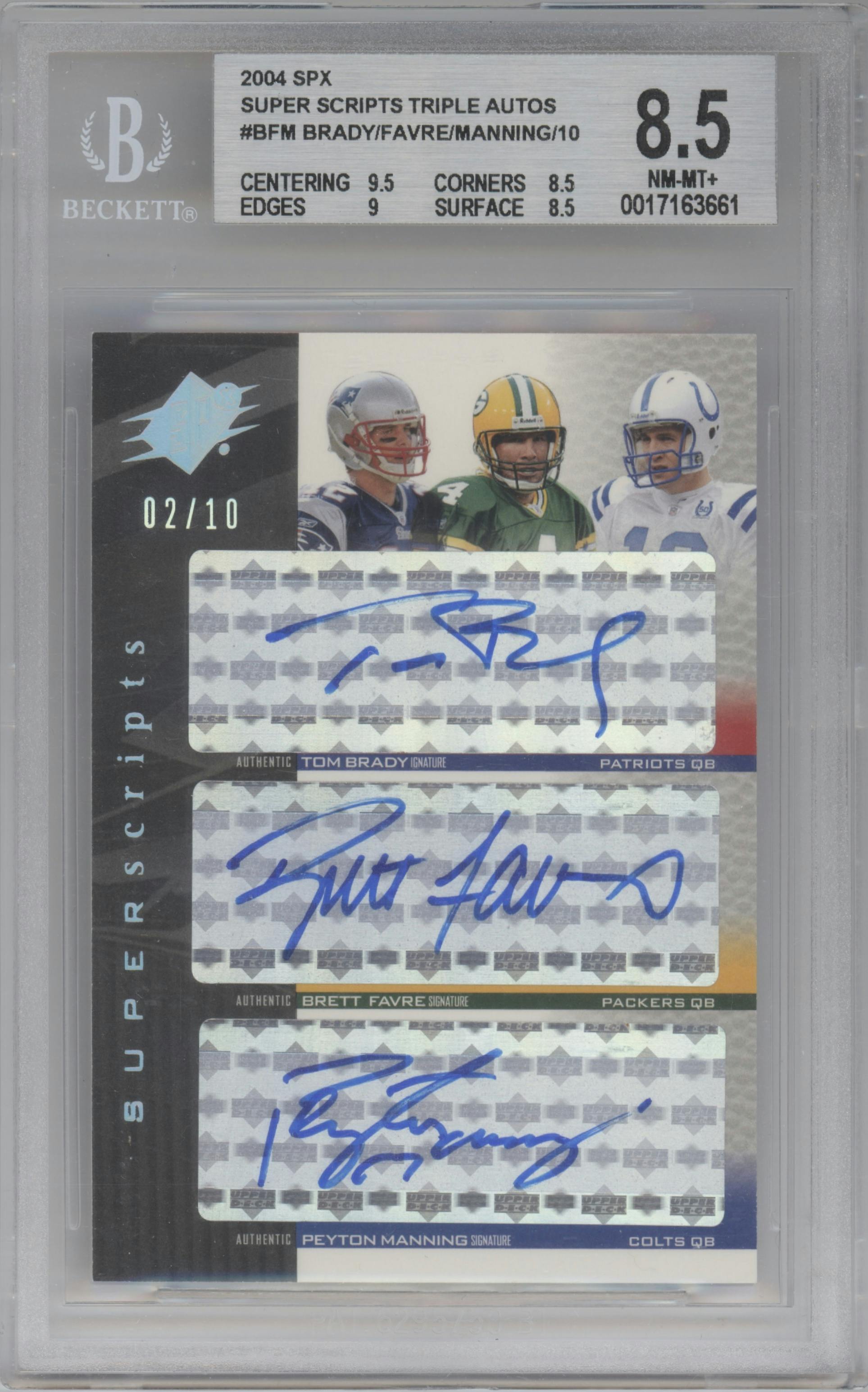 Tom Brady/Brett Favre/Peyton Manning from the 2004 SPx set graded by Beckett and given an overall grade of 8.5.