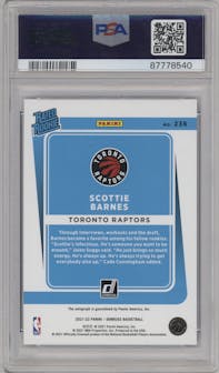 Scottie Barnes from the 2021-22 Panini Donruss set featuring a Choice Blue parallel graded by PSA and given an overall grade of 10.