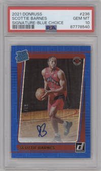 Scottie Barnes from the 2021-22 Panini Donruss set featuring a Choice Blue parallel graded by PSA and given an overall grade of 10.