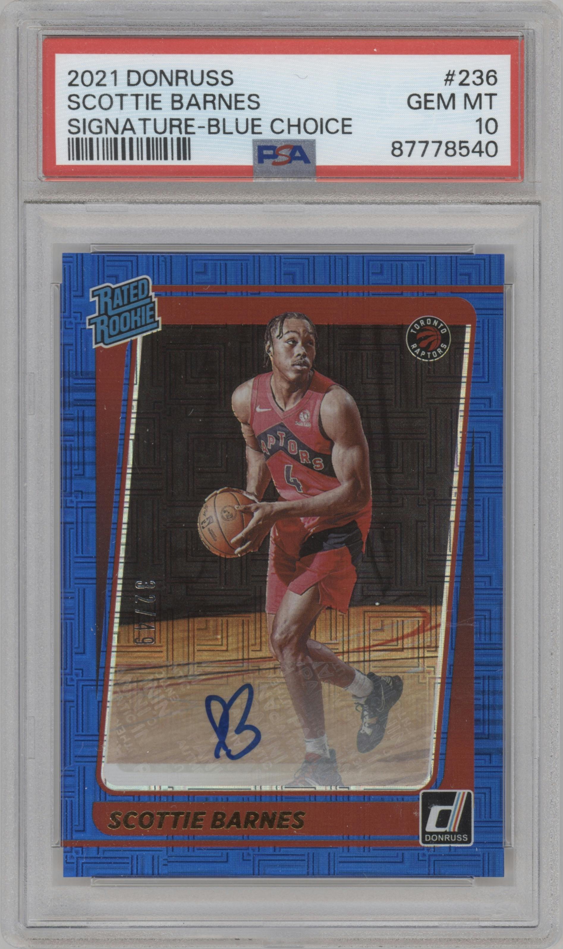 Scottie Barnes from the 2021-22 Panini Donruss set featuring a Choice Blue parallel graded by PSA and given an overall grade of 10.