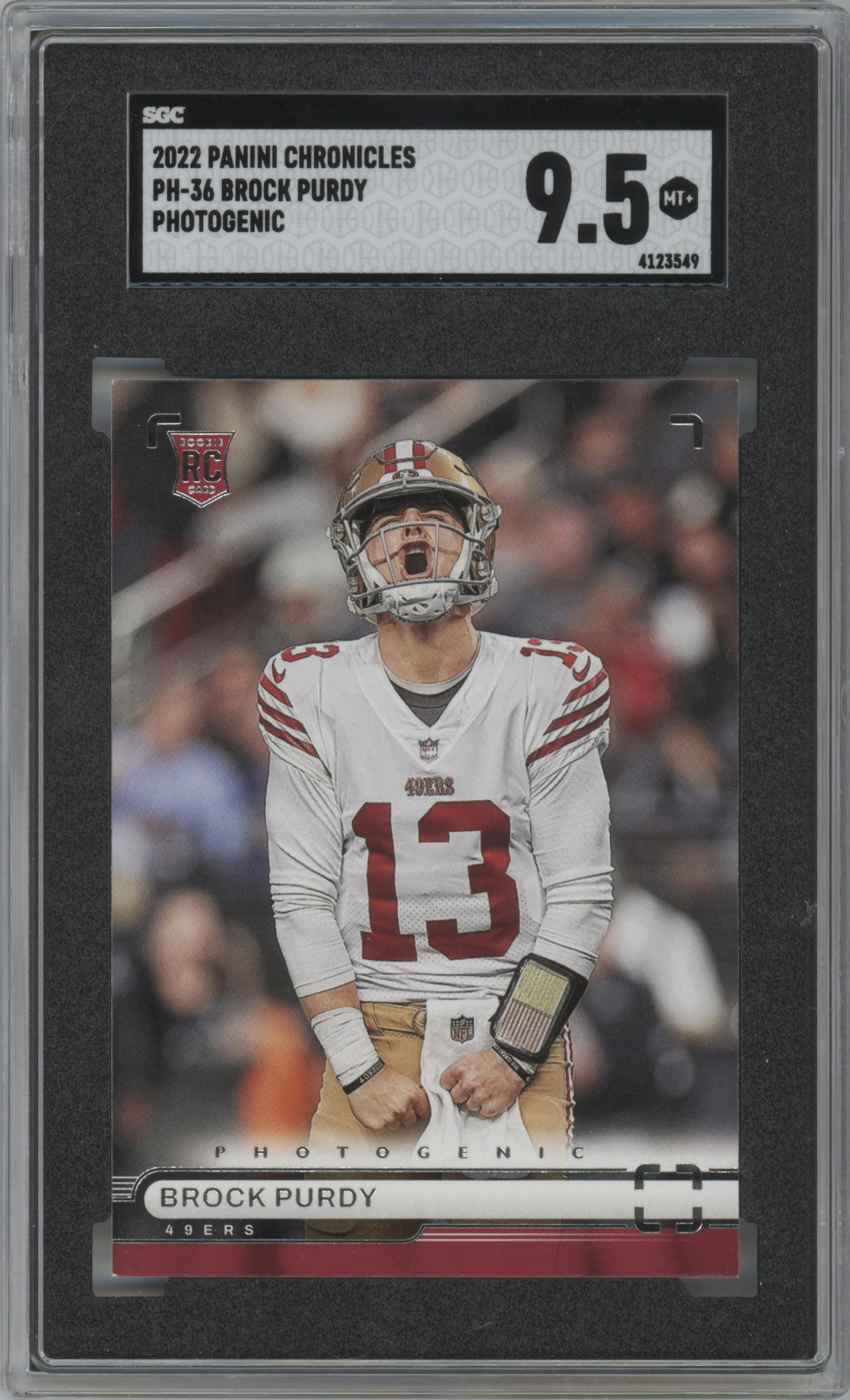 Brock Purdy from the 2022 Panini Chronicles set graded by SGC and given an overall grade of 9.5.