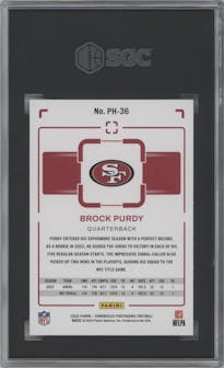 Brock Purdy from the 2022 Panini Chronicles set graded by SGC and given an overall grade of 9.5.