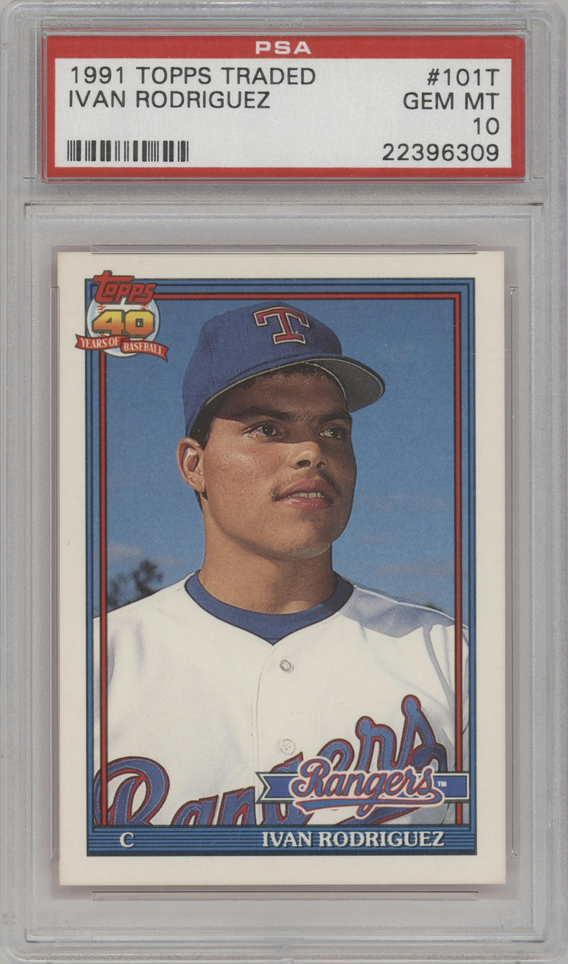 Ivan Rodriguez from the 1991 Topps Traded set graded by PSA and given an overall grade of 10.