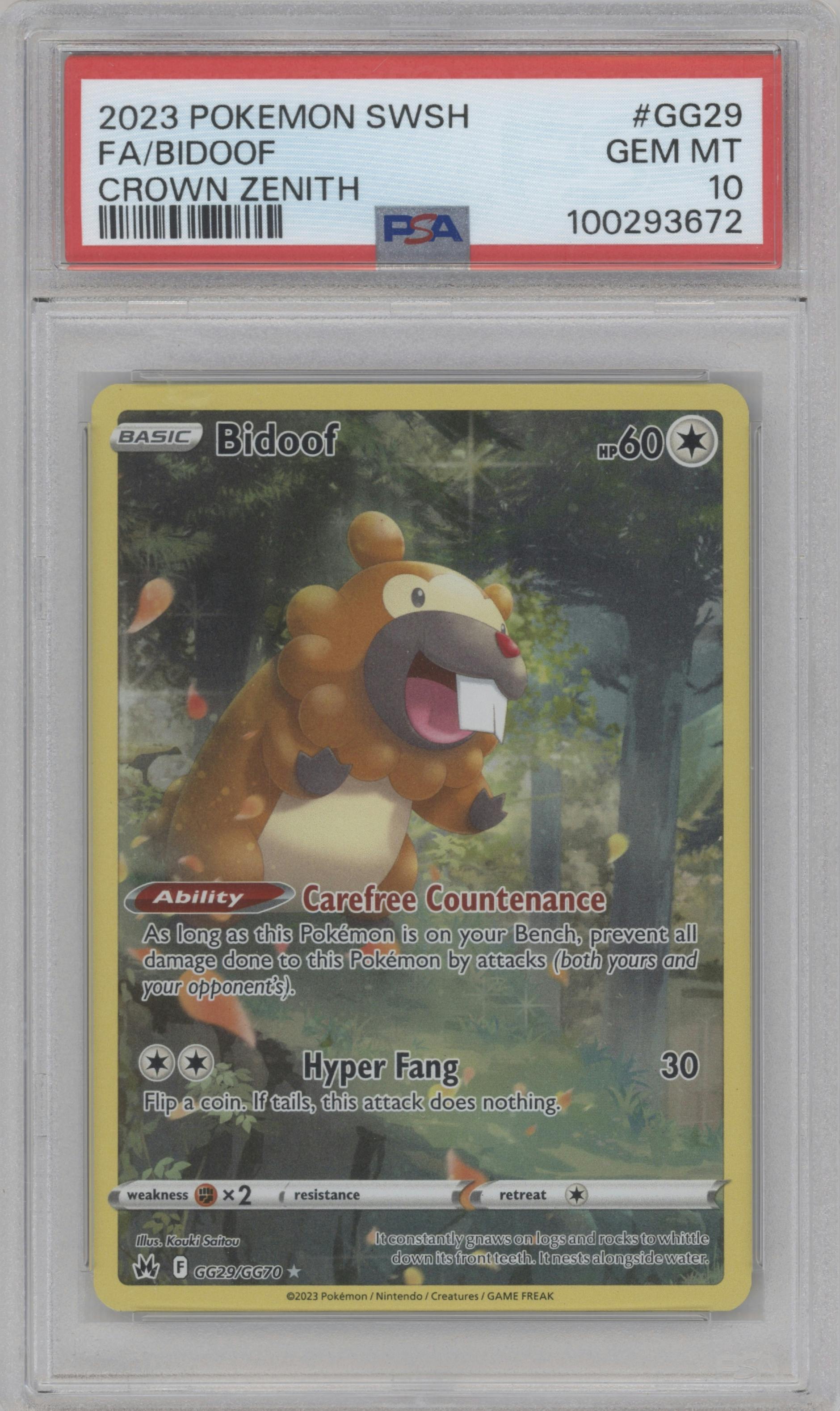 Bidoof from the 2023 Pokemon SWSH set graded by PSA and given an overall grade of 10.