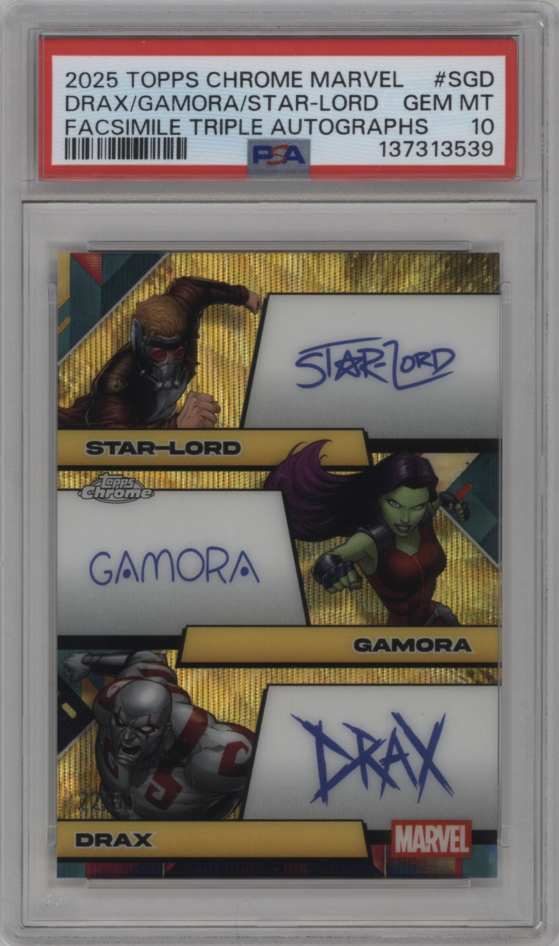 2025 Topps Chrome Marvel Facsimile Triple Au. Star-Lord/Gamora/Drax #FT-SGD PSA 10