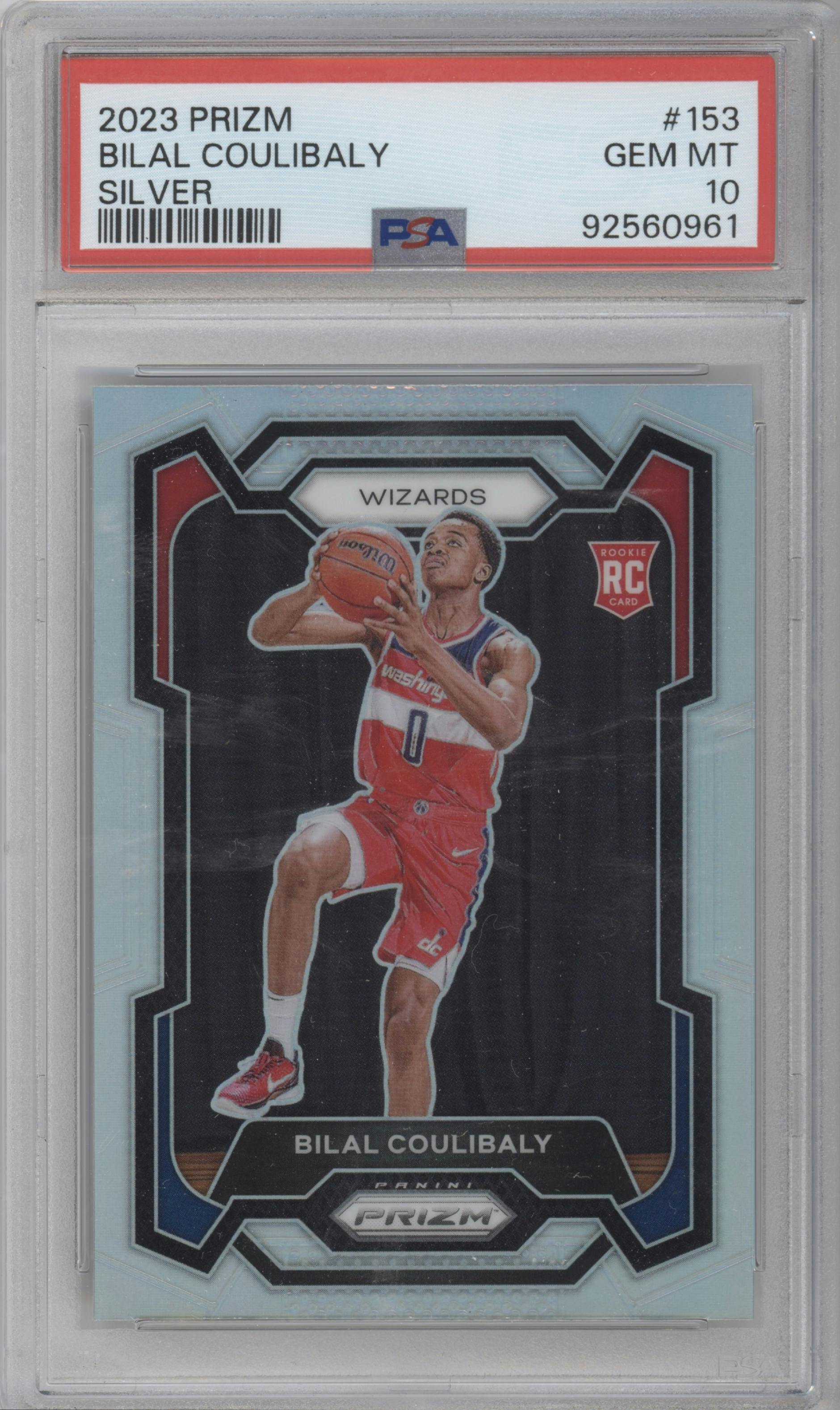 Bilal Coulibaly from the 2023-24 Panini Prizm set featuring a Silver Prizm  parallel graded by PSA and given an overall grade of 10.