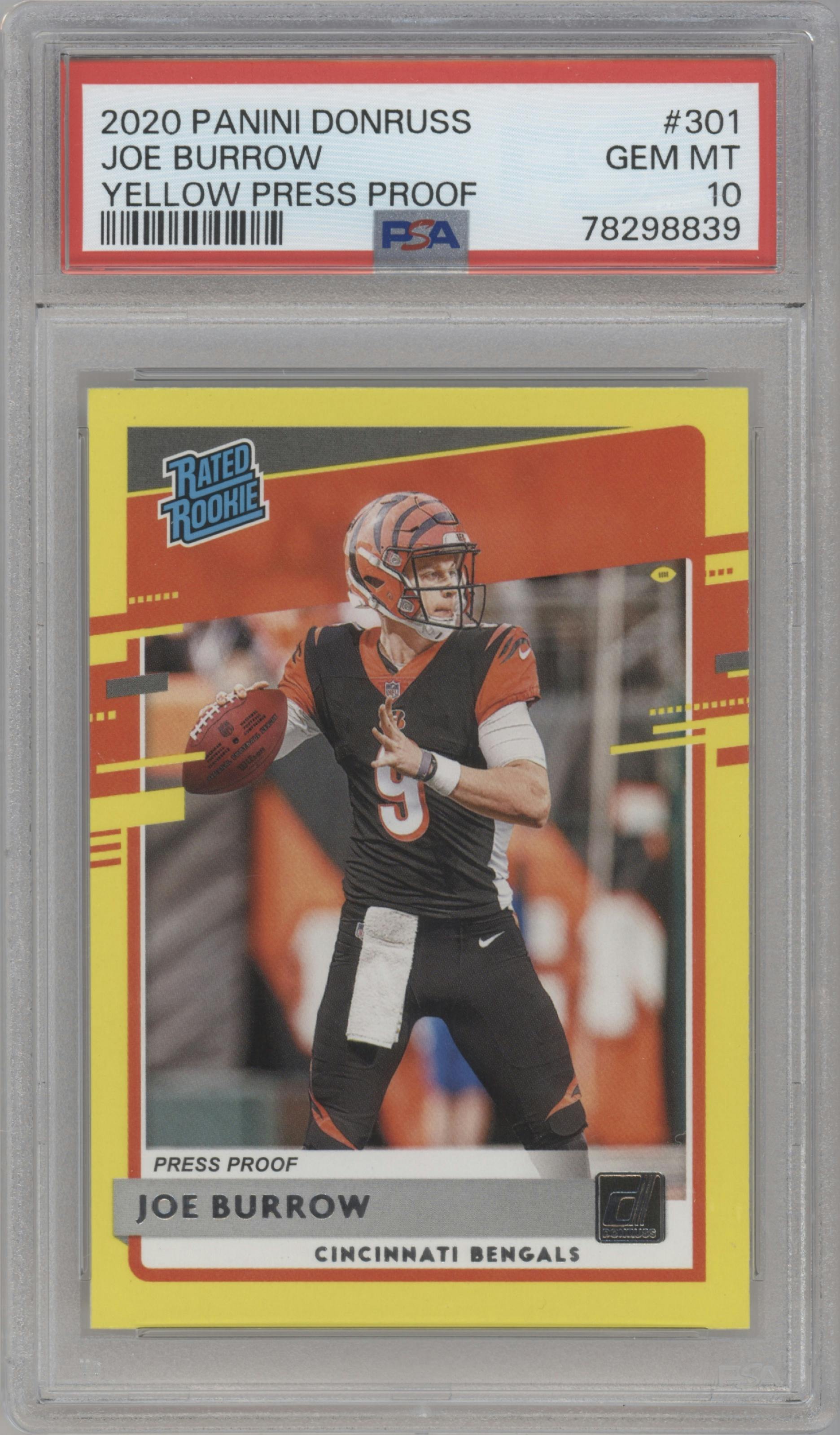 Joe Burrow from the 2020 Panini Donruss set featuring a Press Proof Yellow parallel graded by PSA and given an overall grade of 10.