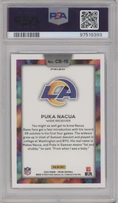 Puka Nacua from the 2023 Panini Prizm set graded by PSA and given an overall grade of 9.