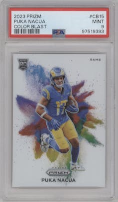 Puka Nacua from the 2023 Panini Prizm set graded by PSA and given an overall grade of 9.