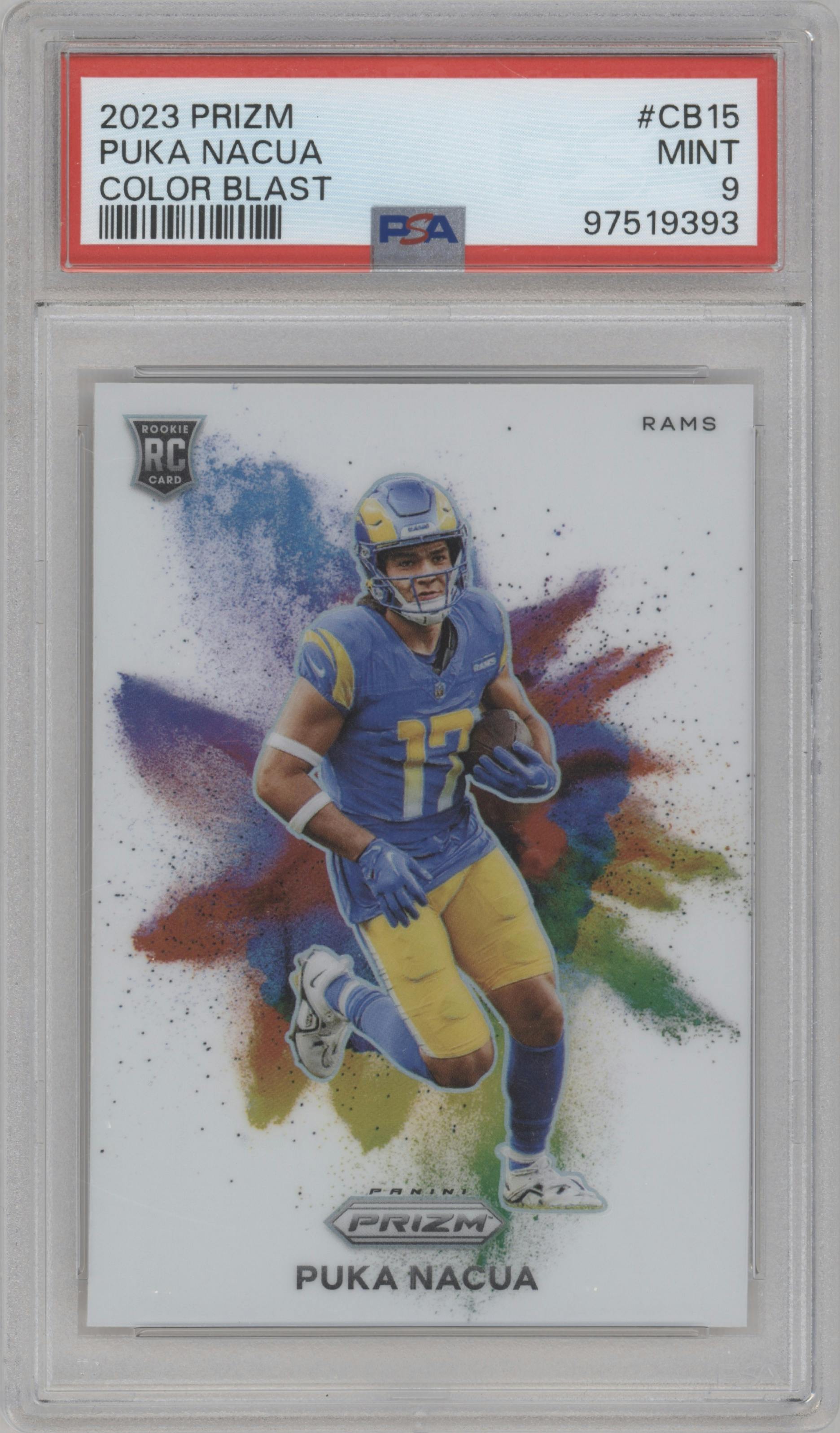 Puka Nacua from the 2023 Panini Prizm set graded by PSA and given an overall grade of 9.