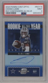 CeeDee Lamb from the 2020 Panini Contenders Optic set featuring a Blue parallel graded by PSA and given an overall grade of 9.