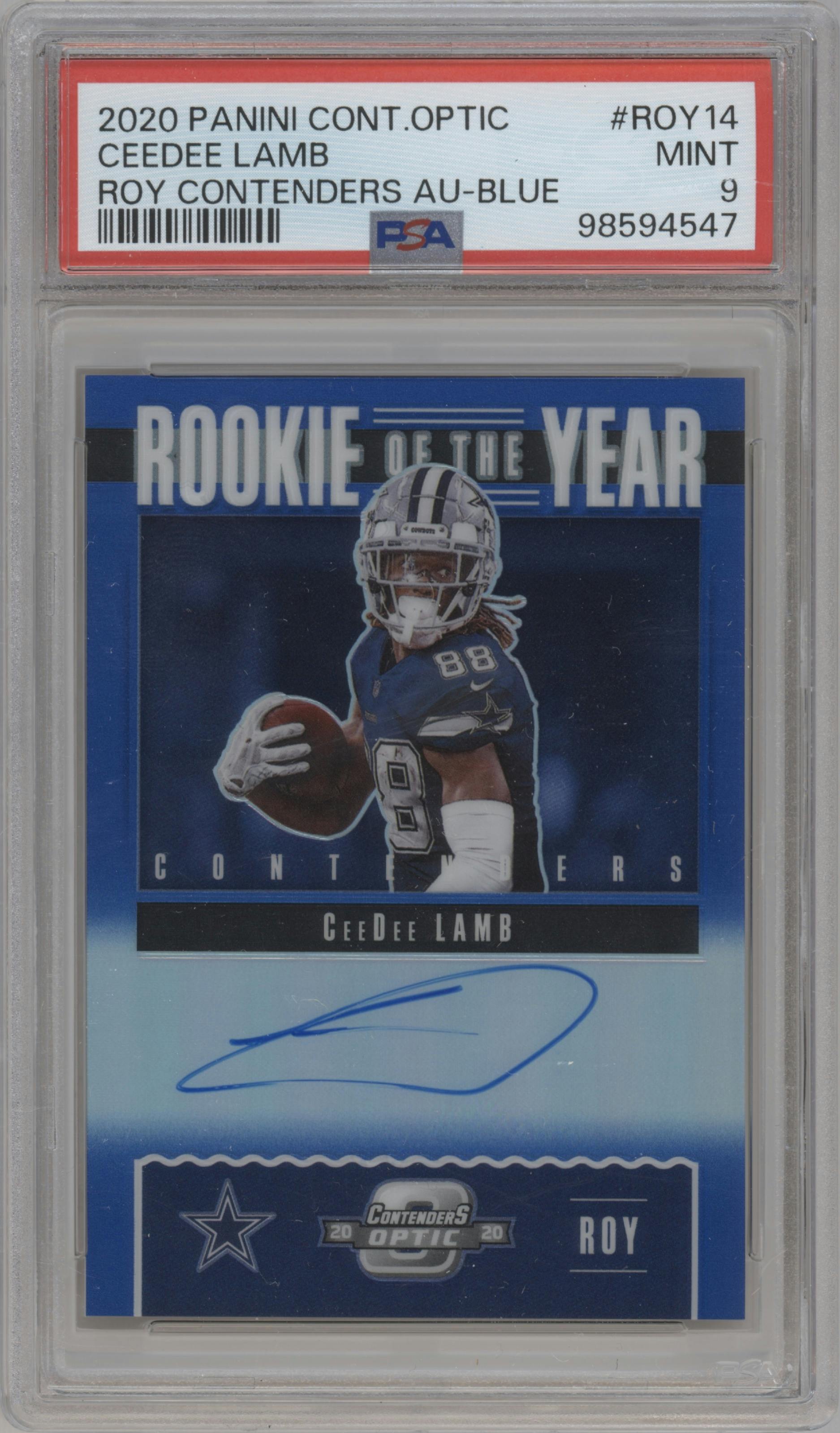 CeeDee Lamb from the 2020 Panini Contenders Optic set featuring a Blue parallel graded by PSA and given an overall grade of 9.
