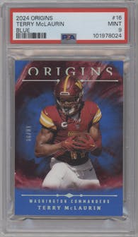 Terry McLaurin from the 2024 Panini Origins set featuring a Blue  parallel graded by PSA and given an overall grade of 9.