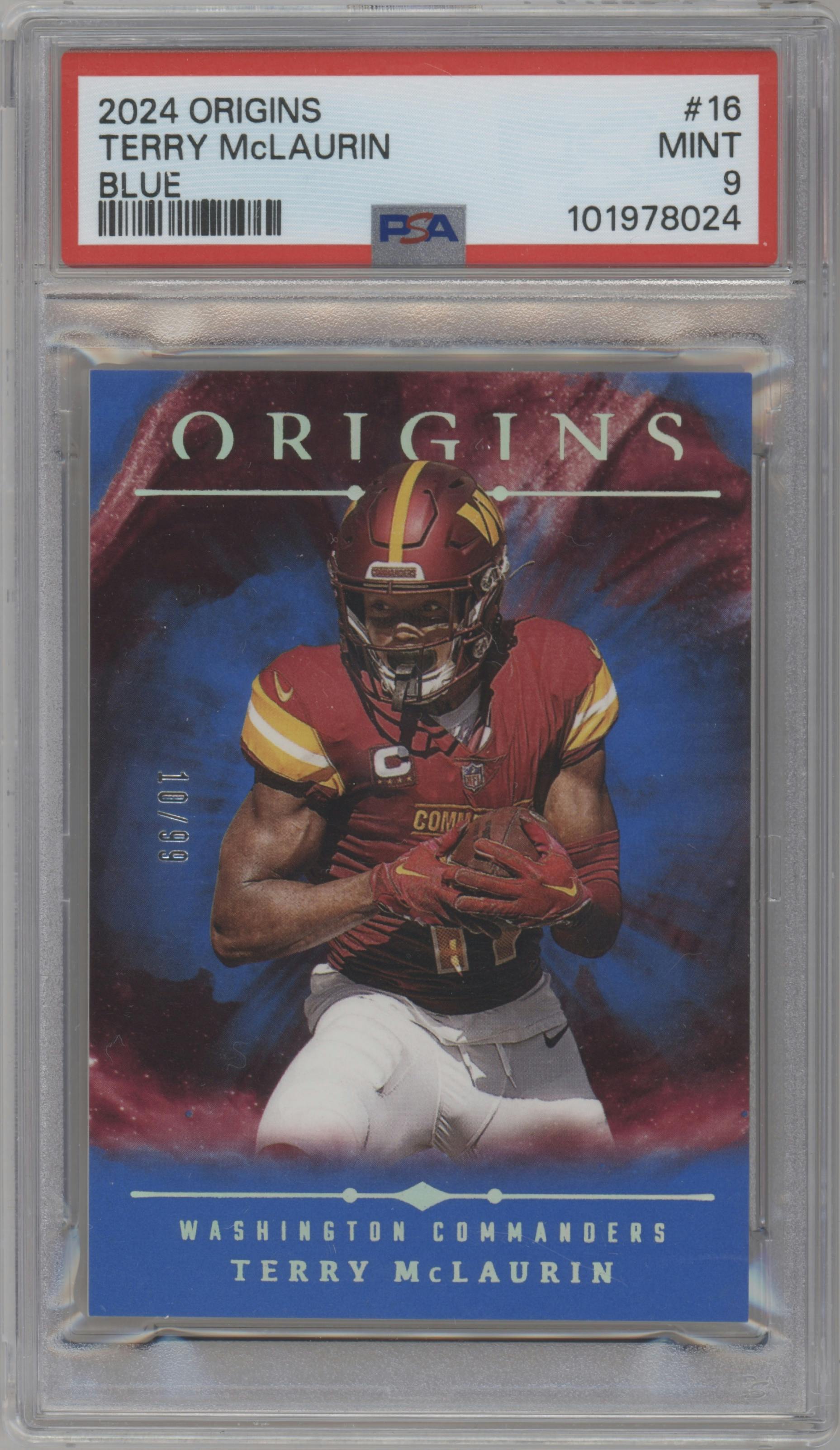Terry McLaurin from the 2024 Panini Origins set featuring a Blue  parallel graded by PSA and given an overall grade of 9.